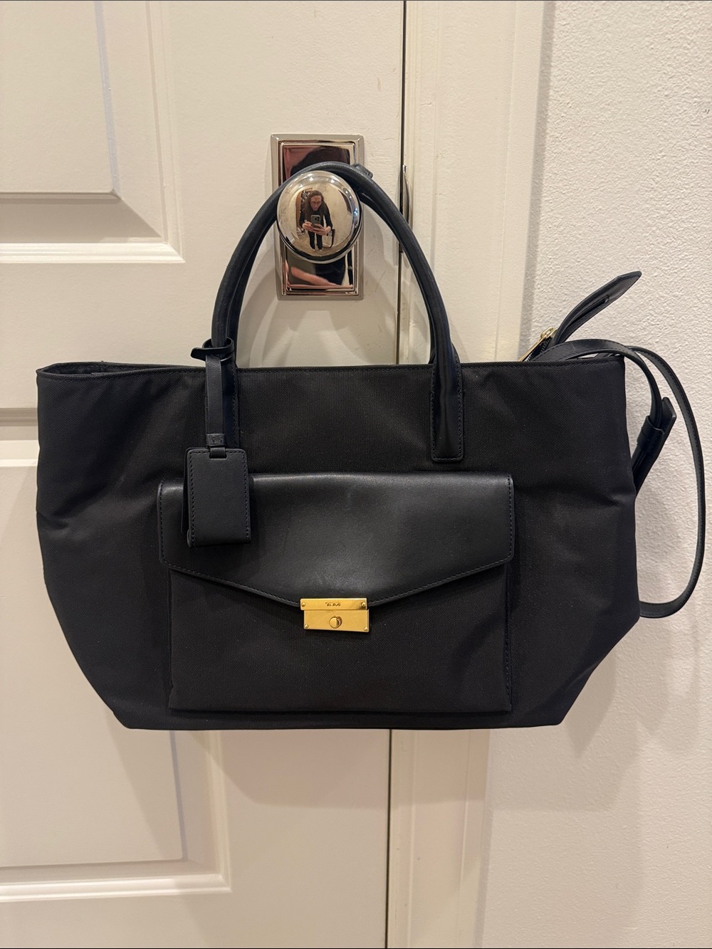 Tumi Black Tote with Front Flap Pocket and Gold Hardware